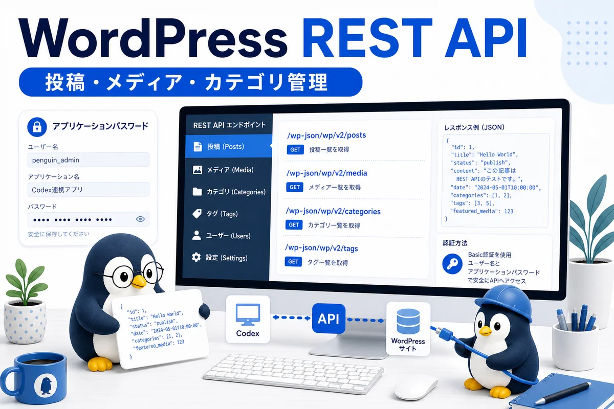 WordPress REST APIで投稿メディアカテゴリを管理する流れを可愛いペンギンとAPI画面で表した画像