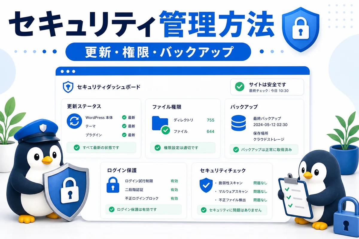 WordPressセキュリティ管理の更新権限バックアップを可愛い警備ペンギンと管理画面で表した画像