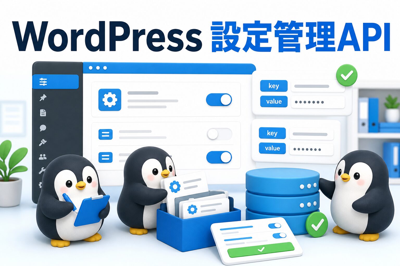 WordPress設定管理APIを表す、設定カードとデータベースを整理するペンギンたちのアイキャッチ画像
