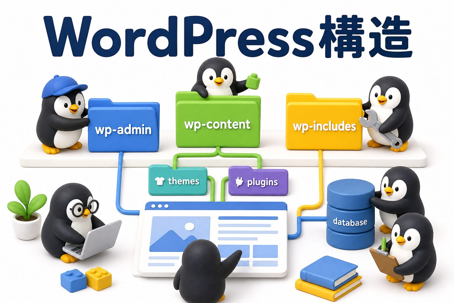 WordPress構造を表す、フォルダとデータベースを整理するペンギンたちの画像