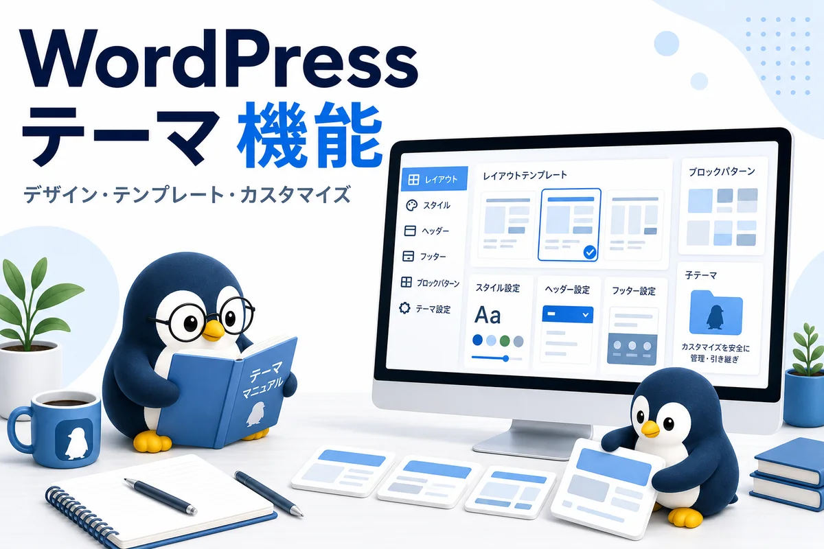 WordPressテーマ機能のタイトルを上部に配置しデザインテンプレートカスタマイズを可愛いペンギンとテーマ設定画面で表した画像