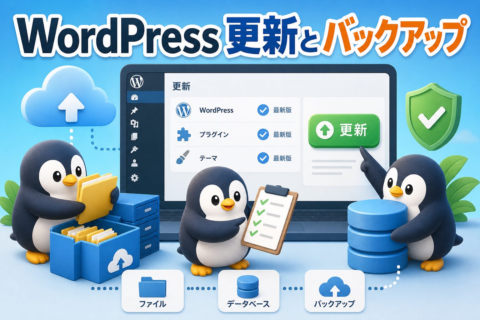 WordPress更新とバックアップを表す、更新前にファイルとデータベースを保存するペンギンたちの画像