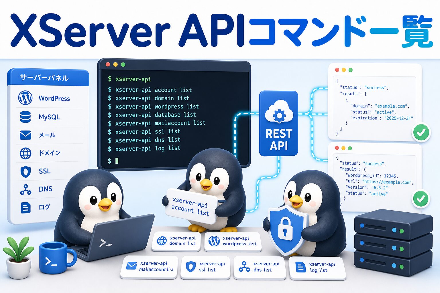 XServer APIコマンド一覧を表す、サーバーパネルとターミナルのコマンドを確認するペンギンたちの画像